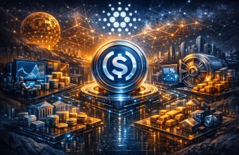 Futuristic 16:9 illustration depicting native USDCx liquidity on the Cardano blockchain, with a glowing stablecoin at the center surrounded by decentralized exchanges, lending platforms, tokenized real-world asset vaults, and interconnected digital financial infrastructure symbolizing institutional-grade DeFi growth in 2026.