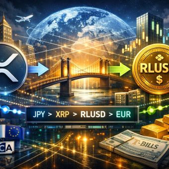 Futuristic 16:9 illustration showing XRP and RLUSD integration in 2026, with XRP acting as a global bridge asset and RLUSD as a regulated digital dollar, visualizing cross-border flow JPY > XRP > RLUSD > EUR alongside symbols of NYDFS, FCA, EU regulation, tokenized T-bills, gold reserves, and institutional liquidity infrastructure.