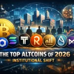 Futuristic illustration showing Bitcoin and top altcoins in 2026 with institutional investors, AI, and financial city skyline