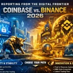 Detailed 3D comparison graphic of Coinbase and Binance logos on a futuristic 2026 financial market background.
