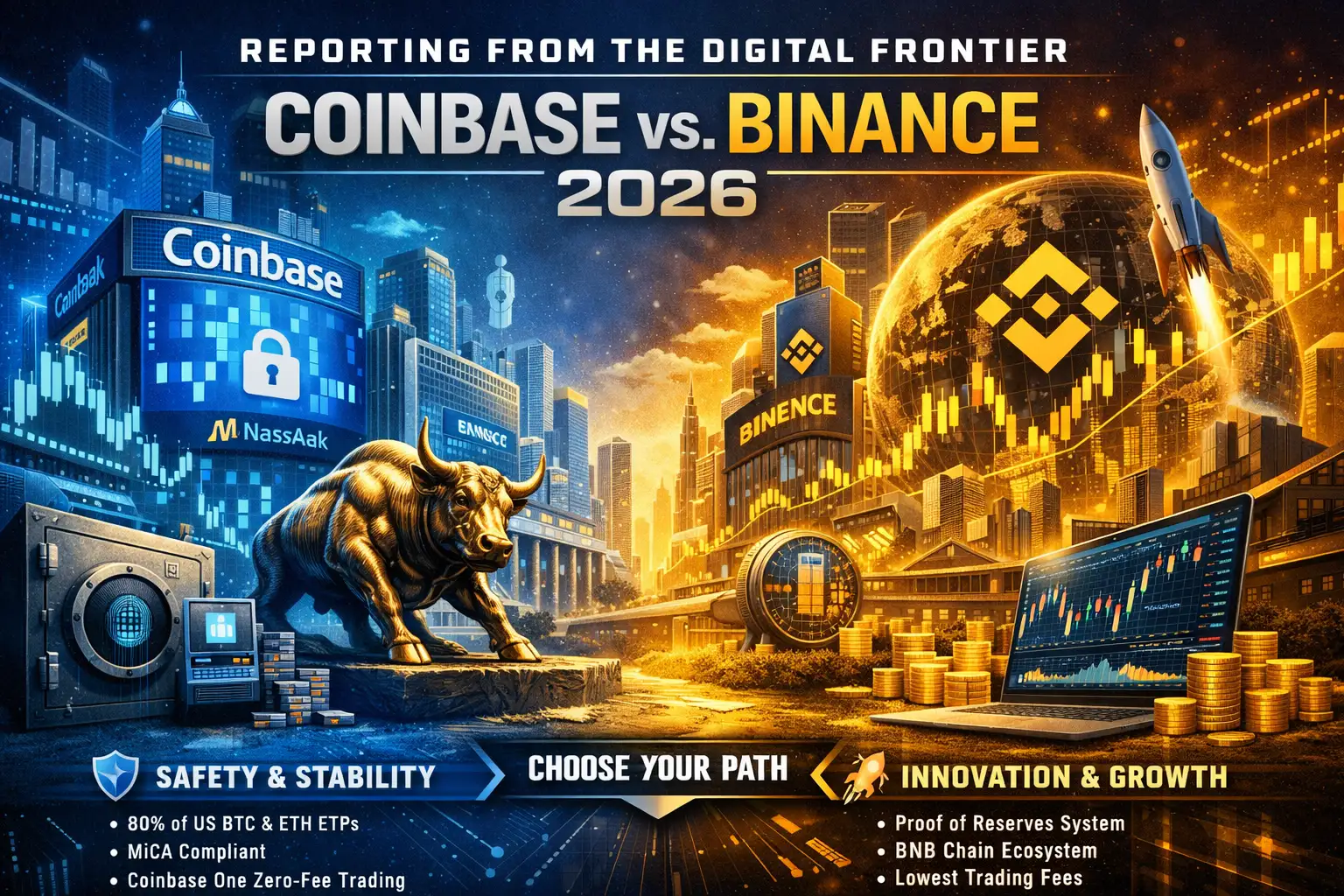 Detailed 3D comparison graphic of Coinbase and Binance logos on a futuristic 2026 financial market background.